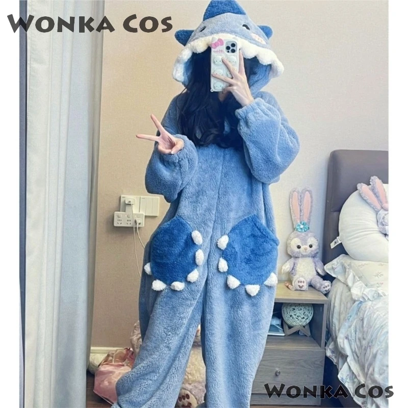 ملابس نوم نسائية بقلنسوة على شكل قرش كارتوني لطيف ملابس نوم Kigurumi Unicorn شتوية Gura بدلة بيجاما كوسبلاي ملابس تنحيف لحفلات الكريسماس