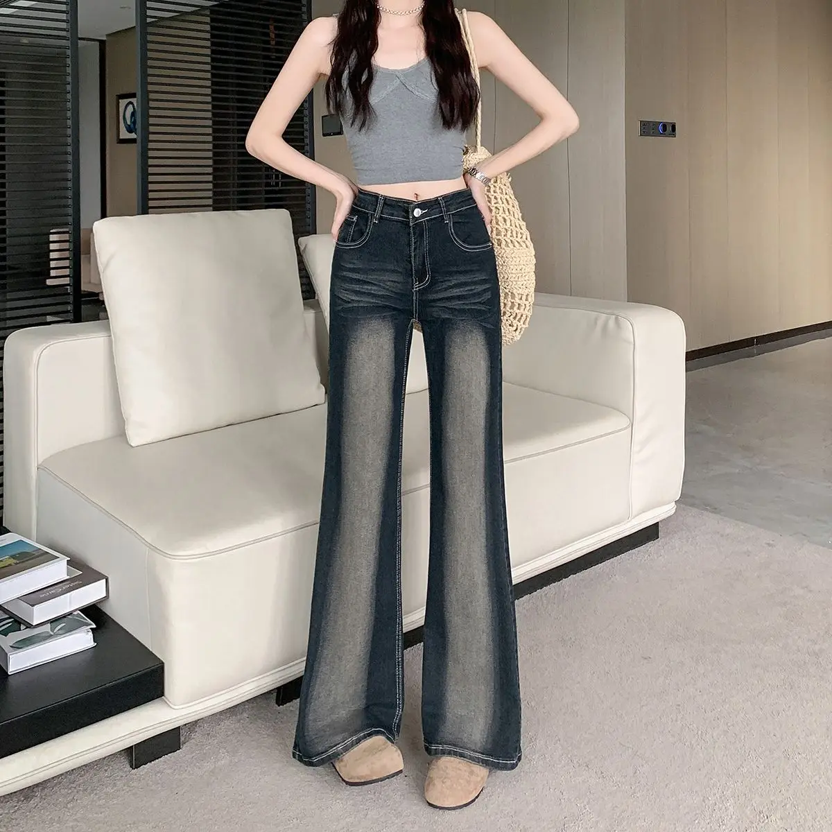 

American High Street Retro Washed Micro Flared Jeans Women's Spring Summer New Slimming Long Pants Casual High Waist Jeans