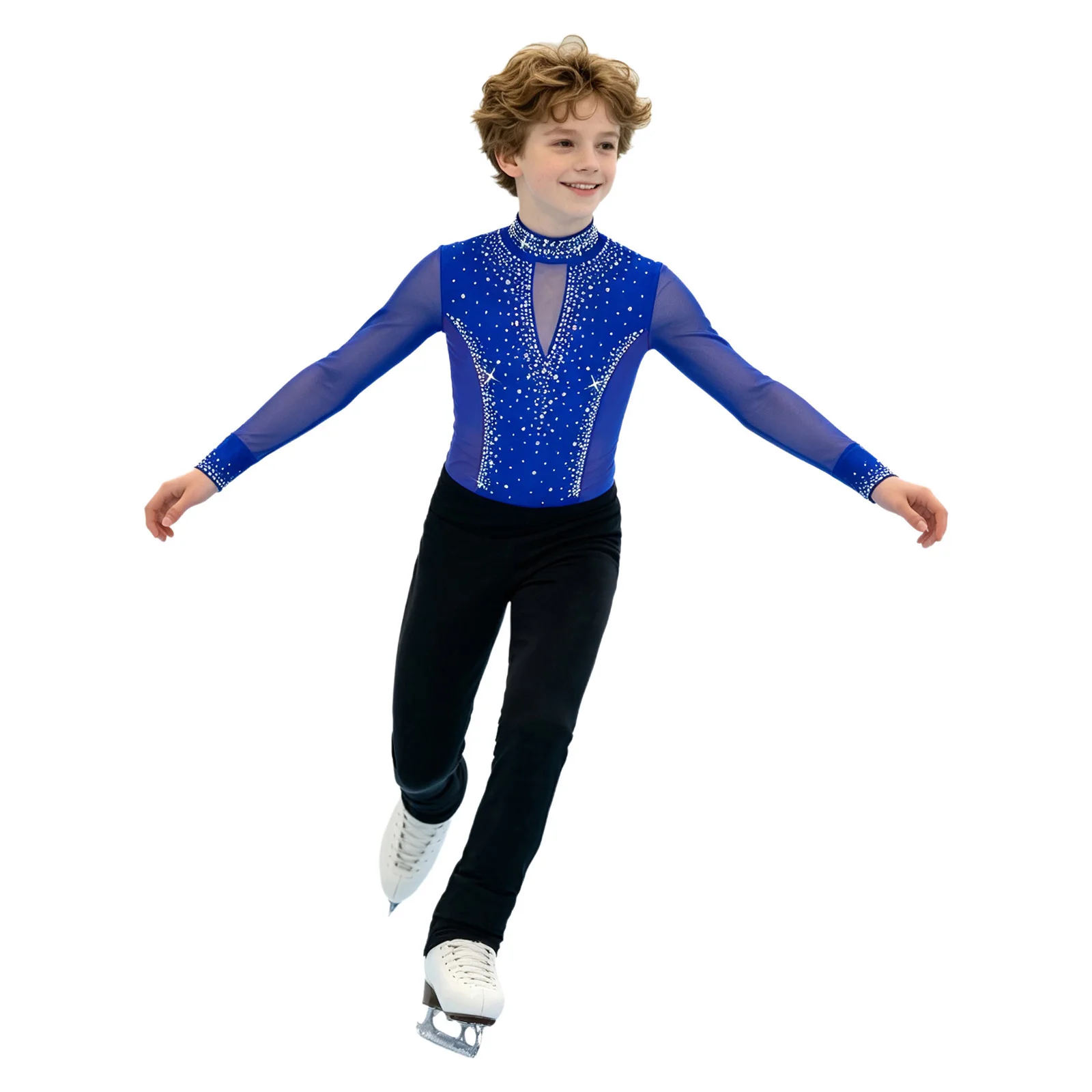 Kinder Jungen Strass-Bodysuit Jumpsuit Langarm Mesh-Bodysuit Gymnastik Ballett Trikot Eiskunstlauf Auftritts-Kostüm – Detail 13