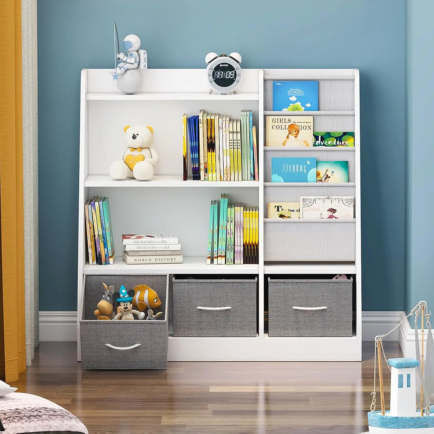 

Kids Bookshelf Wood Toy Storage Organizer Cabinet Children Bookcase Toddler Baby Sling Book Rack 3 Cube Bins Fabric Drawers for