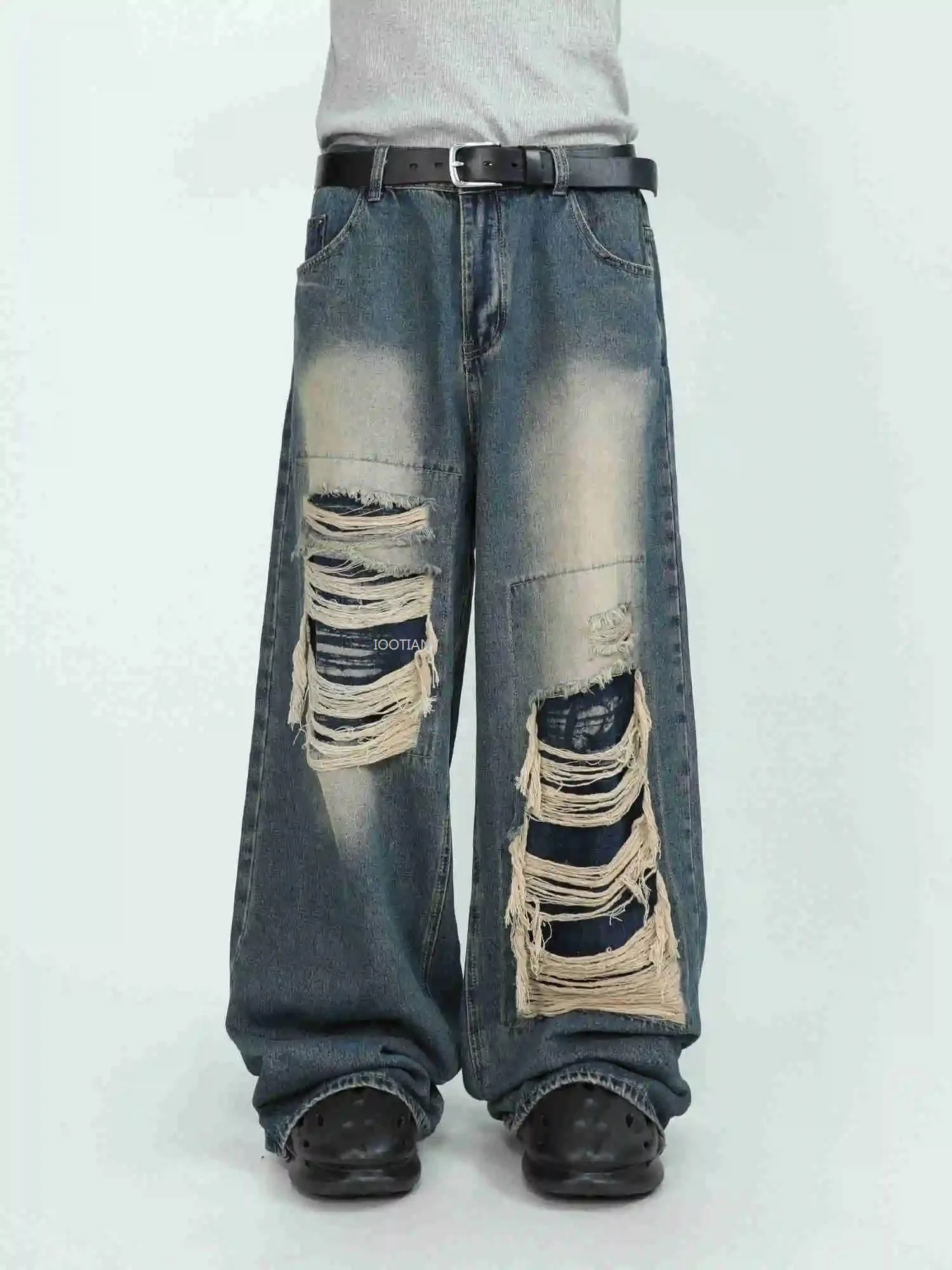 2024 American Street Patch Jeans With Ripped Holes Unisex Design Small And Loose Wide Leg Straight Leg Pants Hiphop Trousers