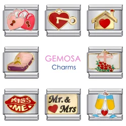 GEMOSA Lover Couple Married Engagement Wedding Valentine's Day Charm Italian Links 9mm Bracelets Stainless Steel DIY Jewelry