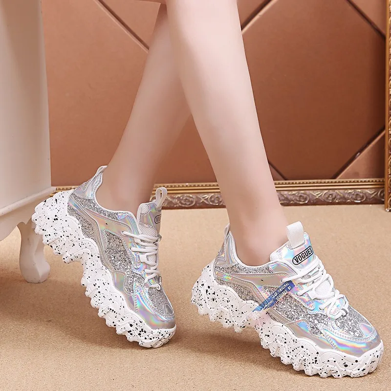 Kobiety grube podeszwie wysokość zwiększenie cekiny trampki kobiety 2023 nowa Chunky platforma wygodne Trend Sneakers Zapatos De Mujer