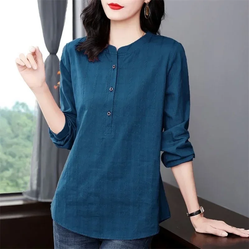 

Woman Spring Autumn Style Blouses Shirts Lady Casual Long Sleeve Stand Collar Blusas Tops DF4850