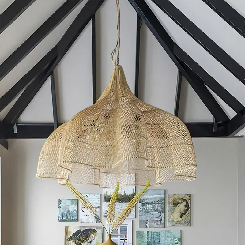 Wabi Sabi Rattan Pendant Lamp Modern Living Room Wicker Pendant Lamp Restaurant Kitchen Dining Room LED Handmade Pendant Light