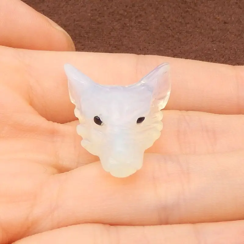 Hand-Carved Opalite Wolf Head Pendant Natural Translucent Gemstone Sculpture with Intricate Detailing 29x21x10mm-5.2g