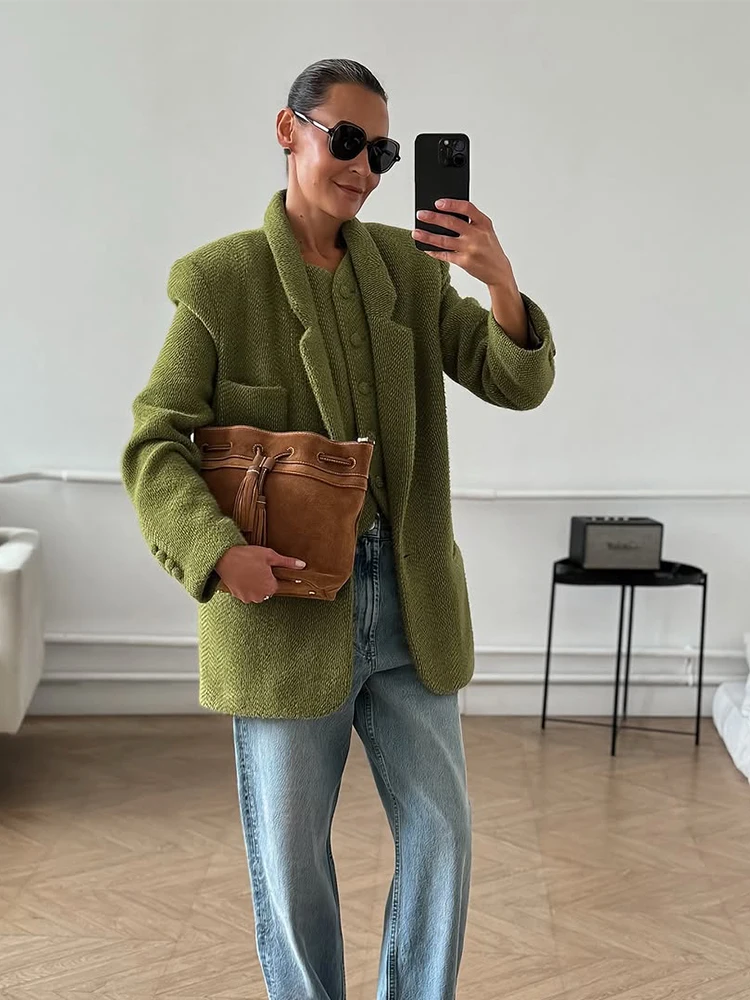 Women Green Woolen Coat Casual Solid Lapel Collar Long Sleeve Single Button Short Jacket 2025 Autumn Daily Highstreet Outerwears