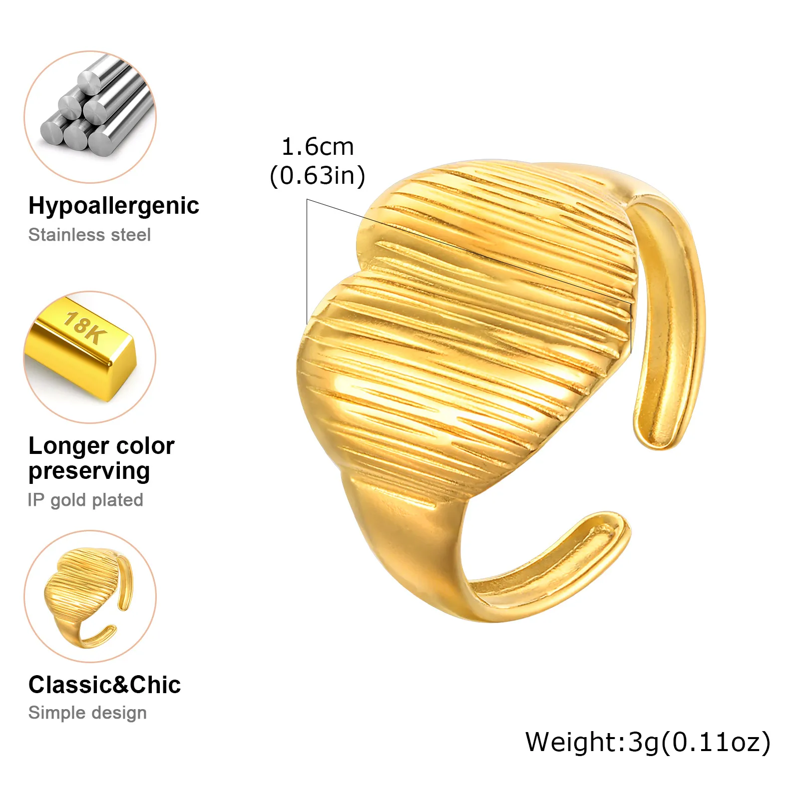 خاتم قلب من الفولاذ المقاوم للصدأ المصقول للنساء، خواتم إصبع مفتوحة قابلة للتعديل مطلية بالذهب، هدايا مجوهرات عتيقة