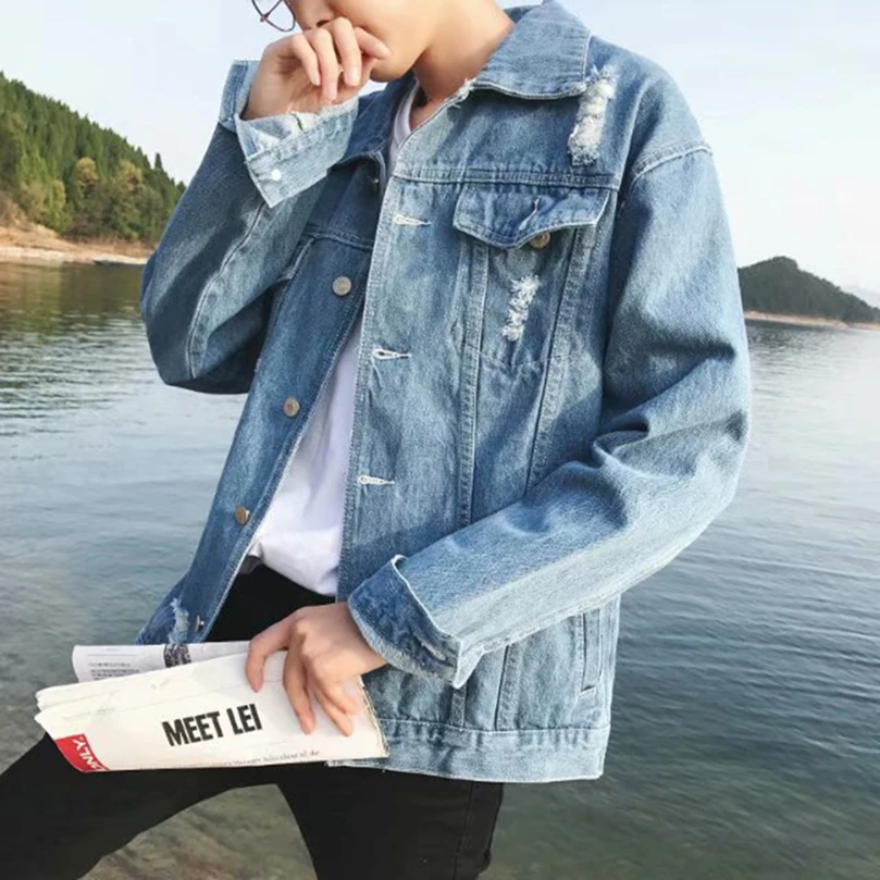 Ripped Jeans Jacket Men Spring Hip Hop Male Denim Coat Oversize Frayed Autumn 2024 Dresses Cowboy For Boy Cotton Outerwear