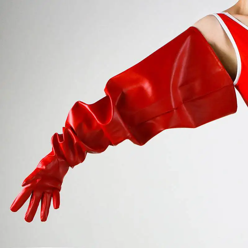 85 cm lange PATENT-HANDSCHUHE, Unisex, Kunstleder, glänzend, goldfarben, schwarz, locker sitzende PUFF-Ärmel, breite Ärmel, modisch – Detail 38