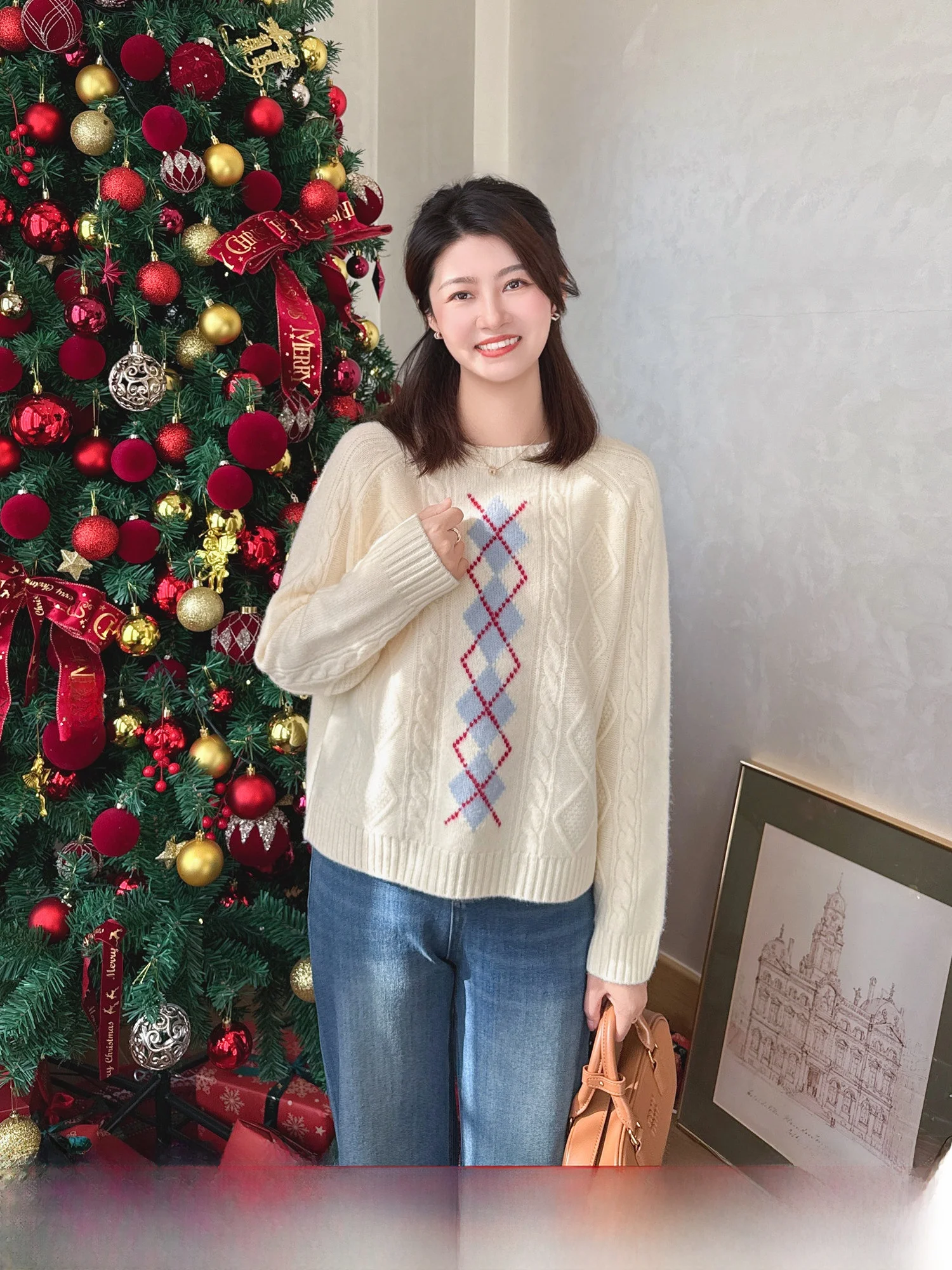 

Zillal Корейский вязаный шерстяной свитер свободного кроя для женщин, зимний топ с узором, теплый, мягкий, с длинными рукавами, круглым вырезом