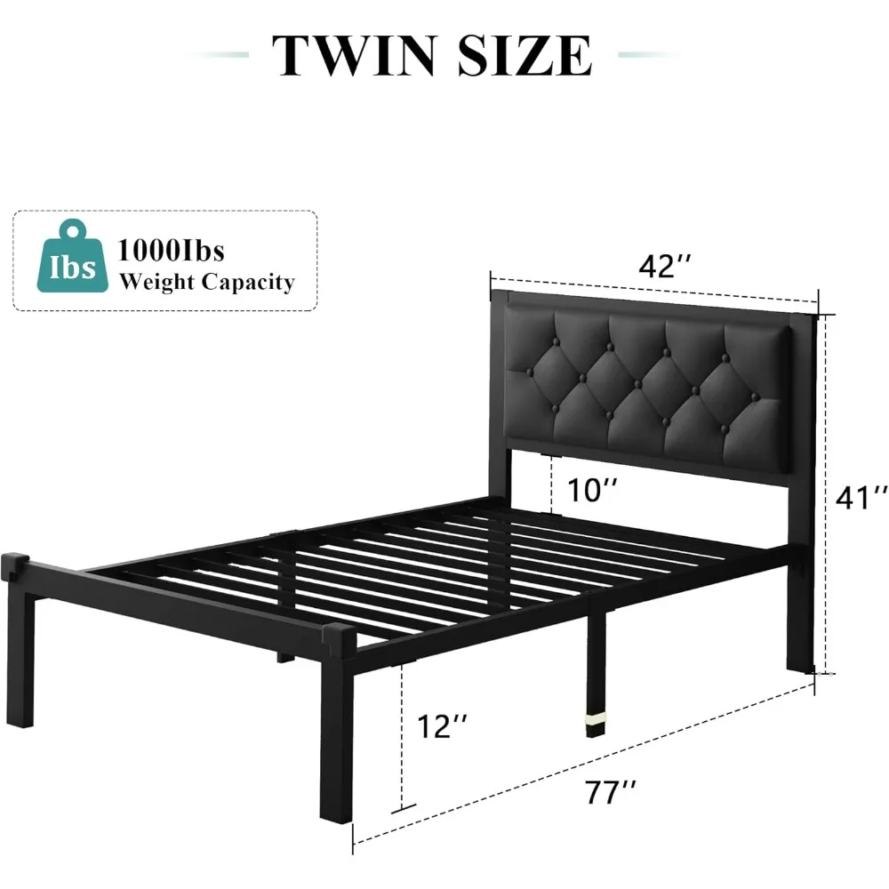 Twinsize metalen bedframe, kunstleer platformbedframe met getuft hoofdeinde met knopen, 12" ruimte onder het bed, stalen lattenbodem