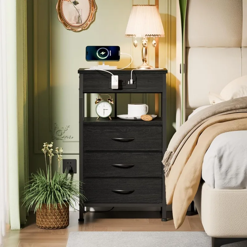 

Furnulem Night Stand With Charging Statio 28.3 Inch Tall Side Table With Fabric Drawers And Storage Shelf Bedside Table With