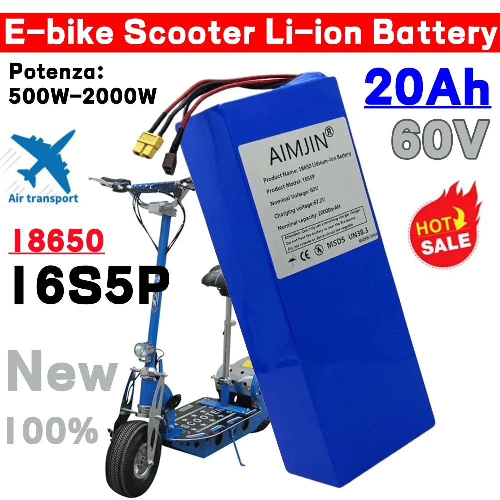 

60V 16S5P 20Ah 18650 Rechargeable Li-ion Battery Pack 2000W high-power with BMS for Motorcycle, Scooter, Bicycle