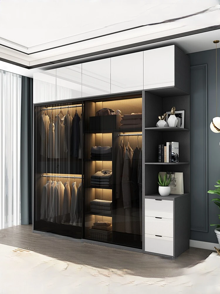 Light luxury wardrobe glass sliding door bedroom modern simple household economy sliding door wardrobe combination storage cabin