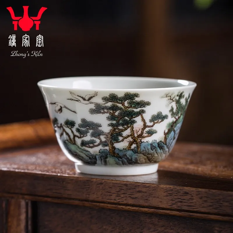 Zhongjia Kiln Ceramic Cup Jingdezhen Handmade Tea Set Pine Crane Yannian Master Cup Single Cup Kombucha Tea Cup