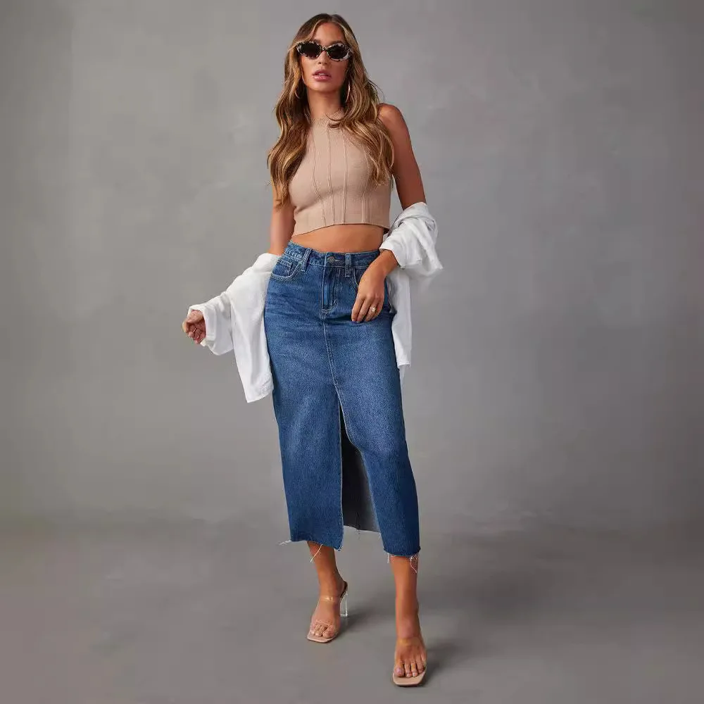 Mezza gonna in denim sottile con motivo a trapezio da donna sexy Mezza gonna femminile a vita alta Casual Bodyeon Gonne lunghe per le donne Streetwear