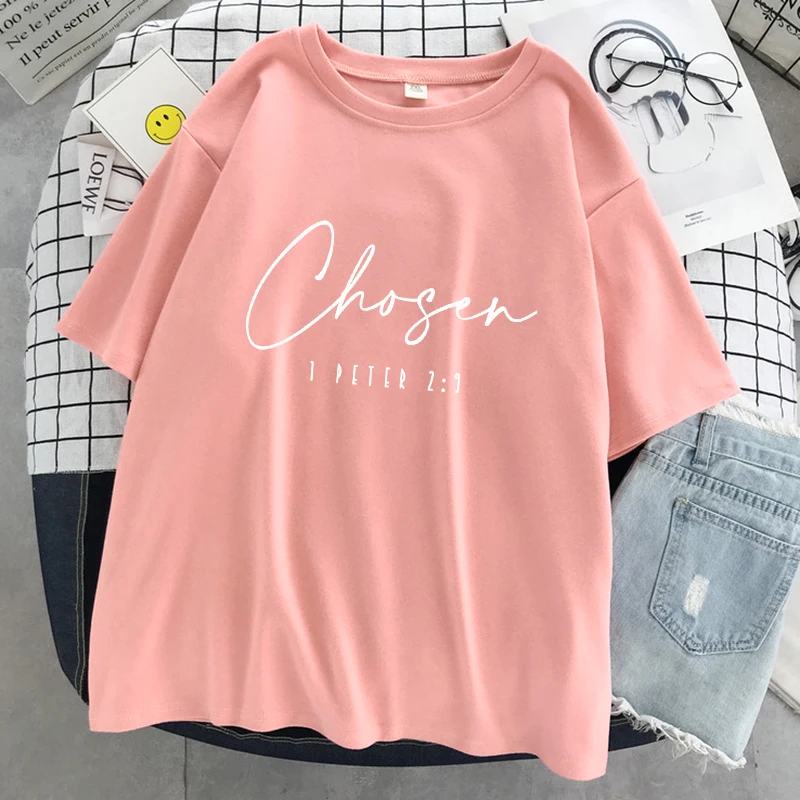 Chosen I Peter Letter Graphic Printed Women T Shirts Soft O-Neck T-Shirt Casual Fashion Tops Breathable Street Short Sleeve