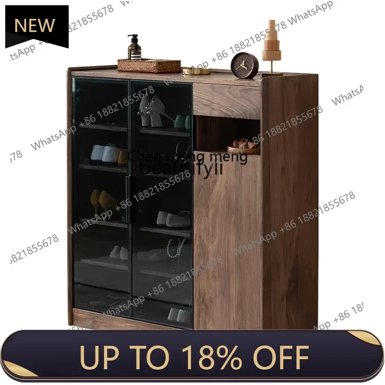 

P178 North America Black Walnut Wooden Shoe Cabinet Hallway Art Double-Door Modern Solid Wood Log Frame Structure Cabinet