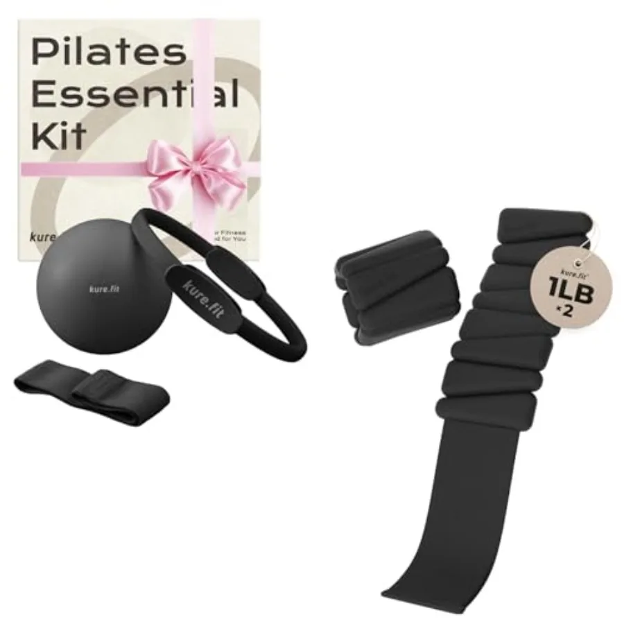 

Black Adjustable Wrist and Ankle Weights 1lb Each Set of 2 with Black Pilates Kit Bundle for Fitness Training