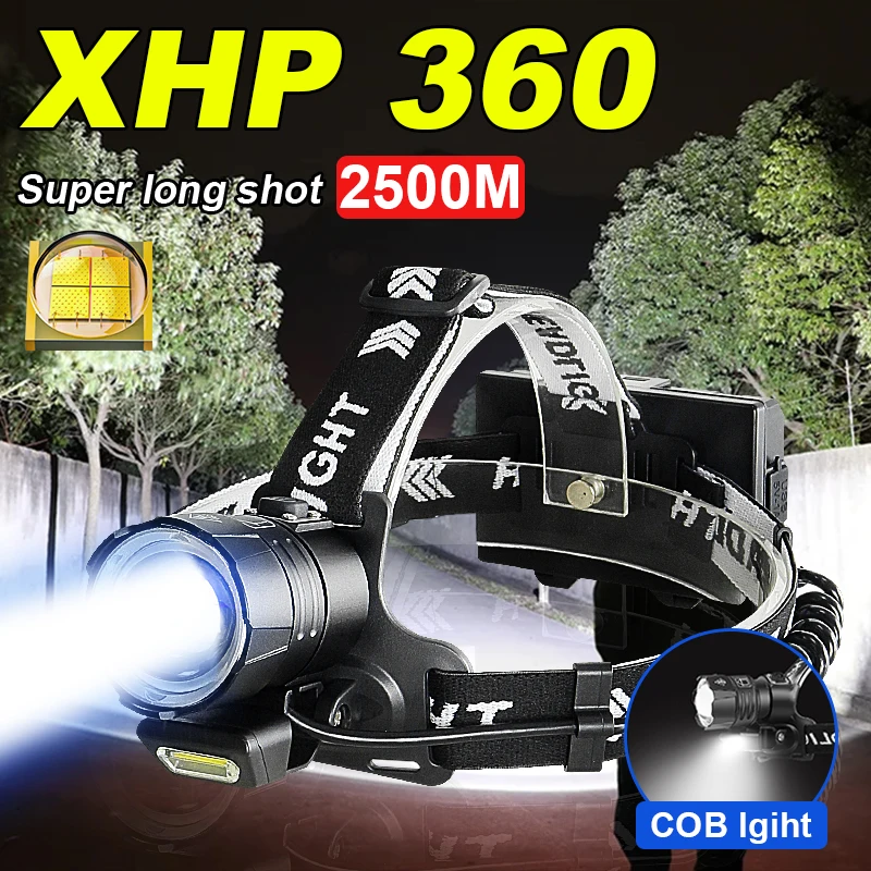 

Светодиодный налобный фонарь высокой мощности XHP360, налобный фонарь для рыбалки с COB-светом, USB перезаряжаемая лампа, уличная фара для кемпинга