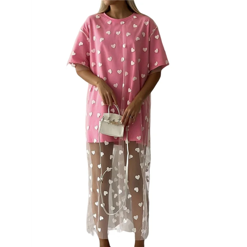 CGS-Damen Lässiges, lockeres T-Shirt mit Rundhalsausschnitt, gespleißtes Netz, Liebesdruck, langes Maxi-Urlaubskleid