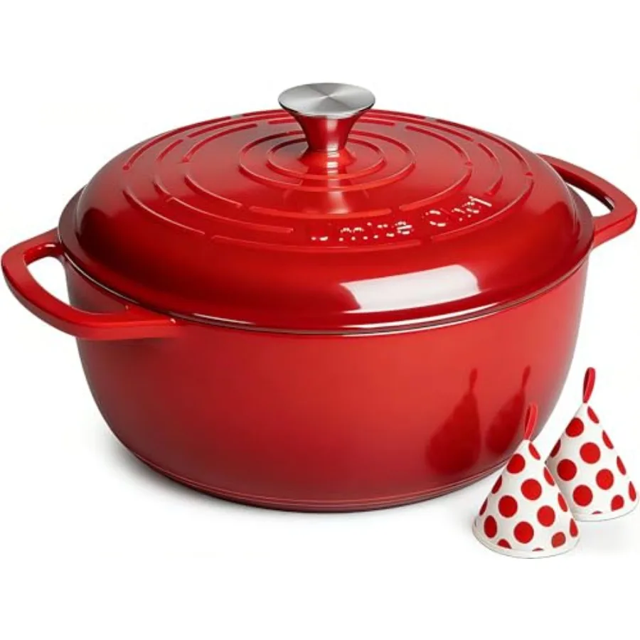 

6QT enameled cast iron Dutch oven with lid for baking bread braising soups stews; red oven and stovetop safe heat resistant glo