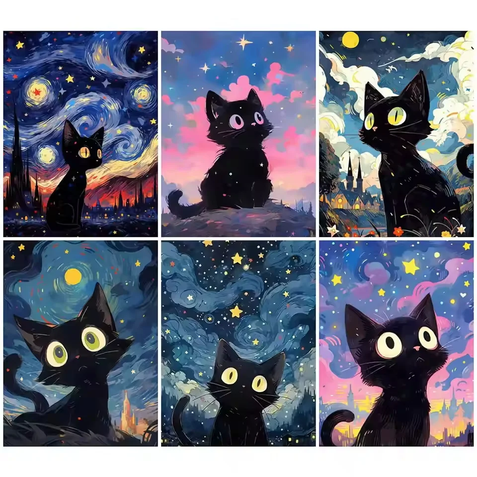 

Cat Night Sky Animal Mosaic Scenery Poster Coffee House Bar Interior Paintings Pictures Wall Decoration Living Room Decor