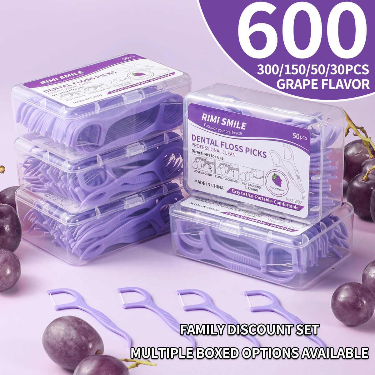 

Exquisite Grape Boxed Dental Floss Picks - 600/300/150/50/30 Count Disposable High Elasticity Toothpicks for Cleaning-Outdoor