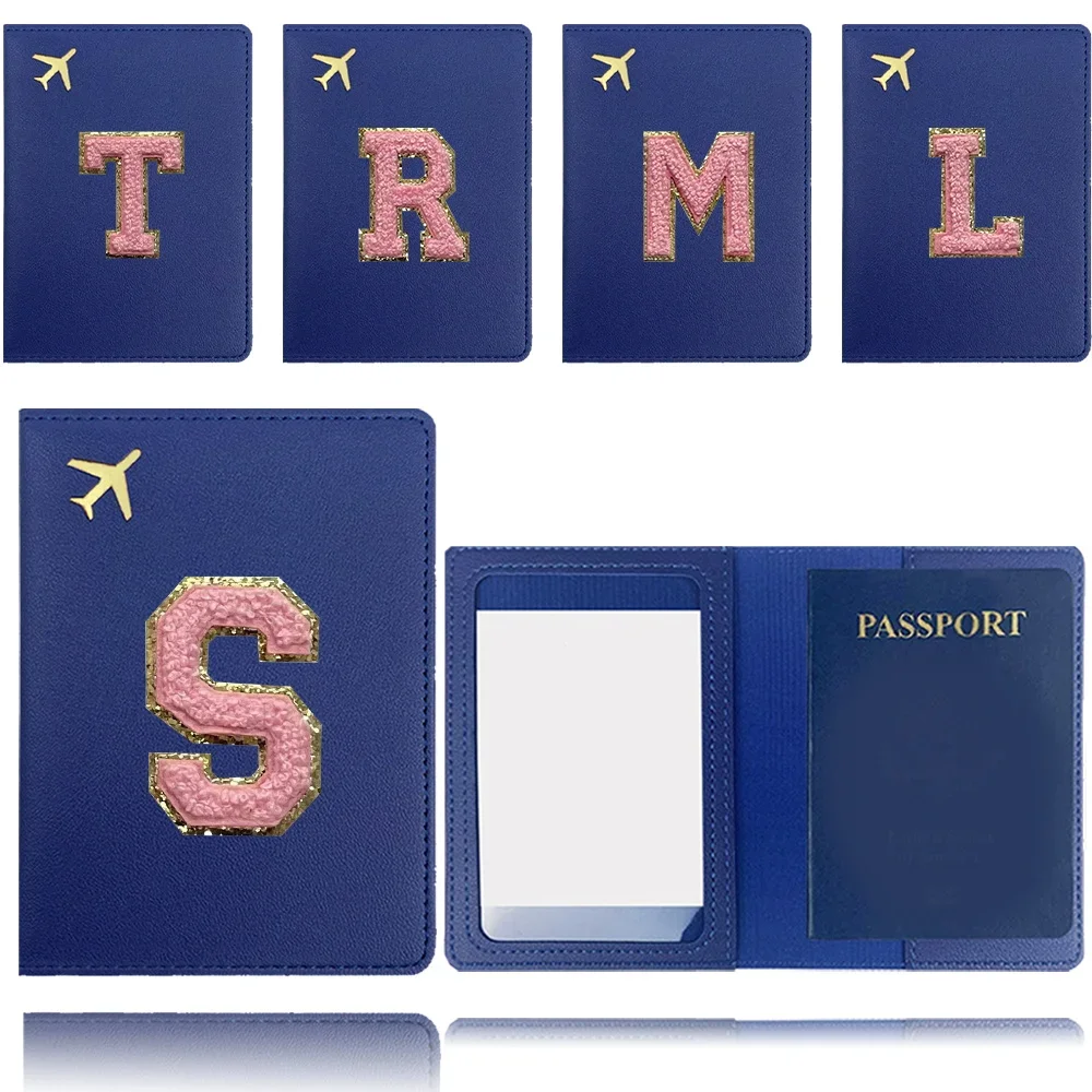 

PU Passport Cover Passport Organizer Case Stylish Plane Ticket Cover Waterproof Initial Chenille Embroidery Letter Pink Pattern