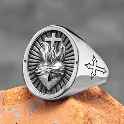 Heart of God Religious Cross Stainless Steel Mens Rings Punk Amulet for Male Boyfriend Biker Jewelry Creativity Gift Wholesale