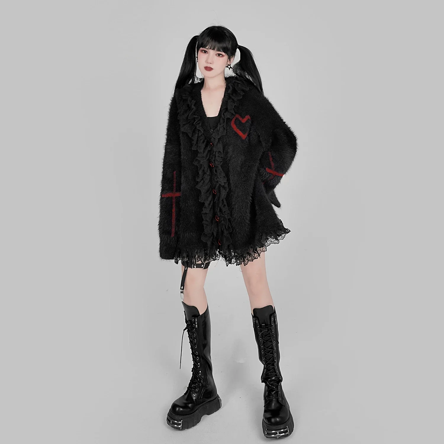 New Autumn Winter Harajuku Cross Love Lace V-neck Black Kawaii Hot Girl Loose Long Sleeve Thick Fashion Sweet Knitting Coat