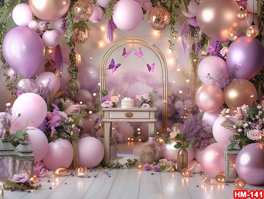 Fotografi Latar Belakang Musim Semi balon bunga kupu-kupu ungu dekorasi kue Smash Bayi Shower anak potret latar belakang Studio foto