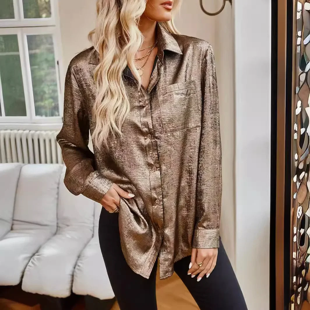 Women's Spring Casual Metallic Long Sleeve Button-down Shirt 2024 Loose Mid-length Solid Color Lapel Shirt Womens Tops Blouse