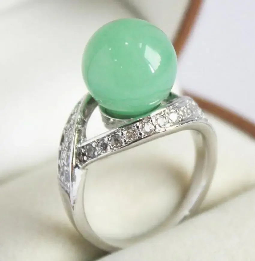 elegant lady's silver plated with crystal decorated &12mm light green jades ring(#7 8 9 10)