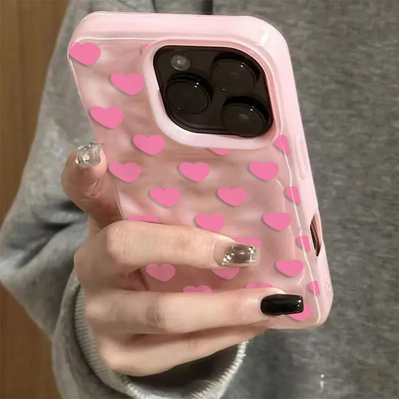 INS Casing Tekstur Lipat Hati Merah Muda Korea untuk iPhone 16 15 14 13 12 11 Pro Max 16 Plus Warna Permen Penutup Belakang TPU Lembut Tahan Benturan