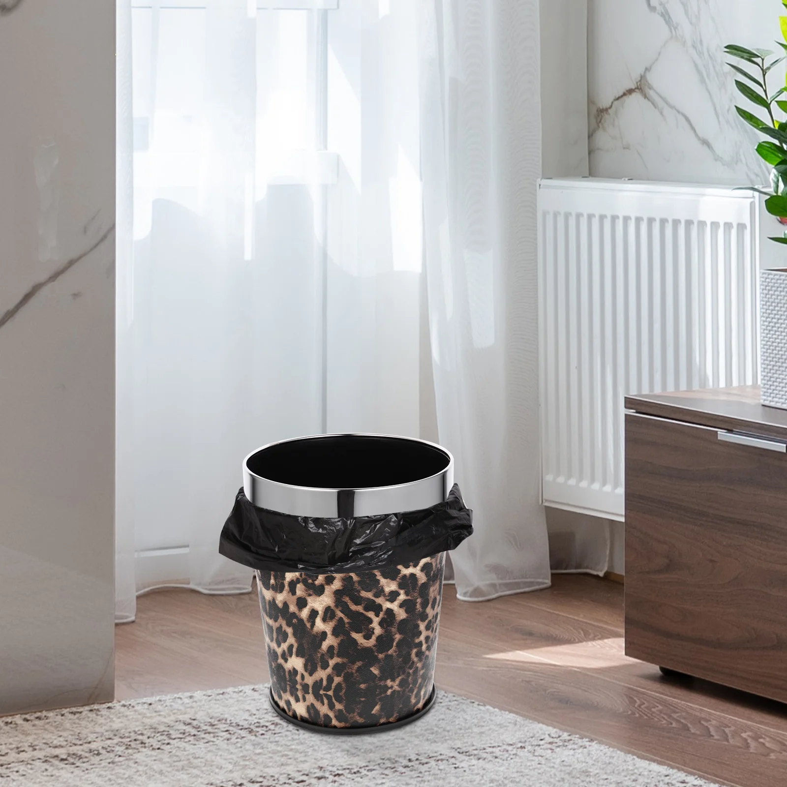 Bathroom Trash Can Garbage Leopard Print Home Bucket Stainless Steel Pp Decorative Container