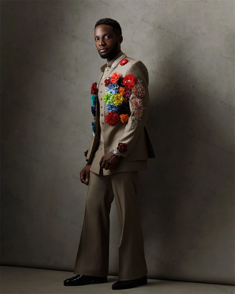 

3 Pcs Men Suit Set Blazer+Vest+Pants Trousers Luxury 3D Flower Beaded Wedding Tuxedo Formal Office Jacket Prom Coat Customized