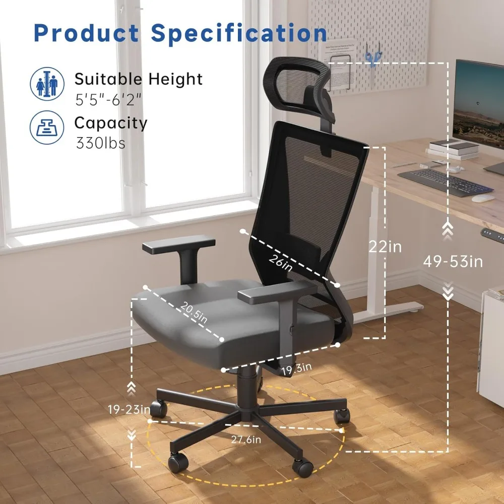 Ergonomic Office Chair, High Back Desk Chair, Mesh Computer Chair with Lumbar Support, Adjustable Headrest & 2D Armrest