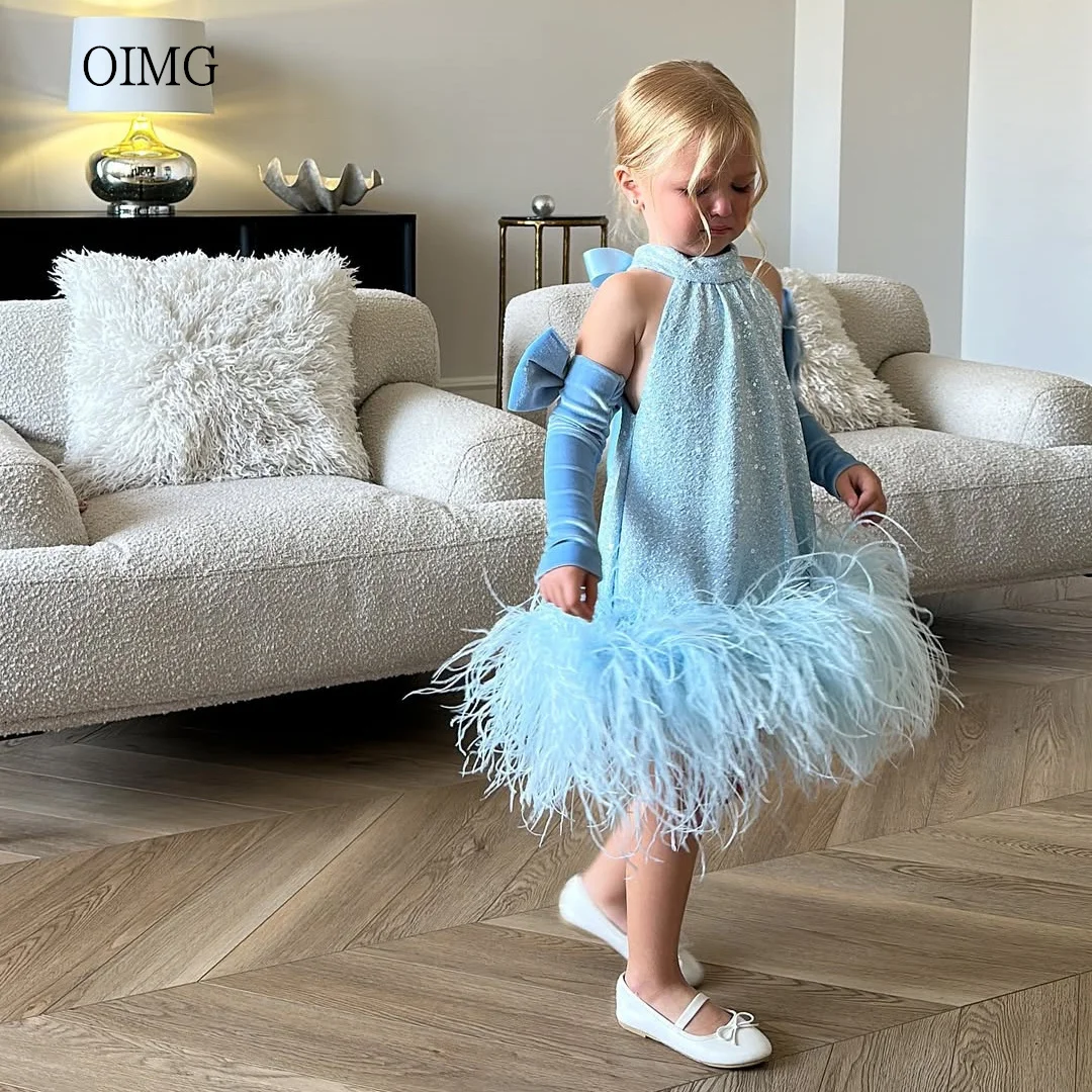 

OIMG Blue Halter Ball Flower Girl Dresses Feather Hem Bow Sleeves Wedding Party Dress Knee Length Birthday Dress Customized