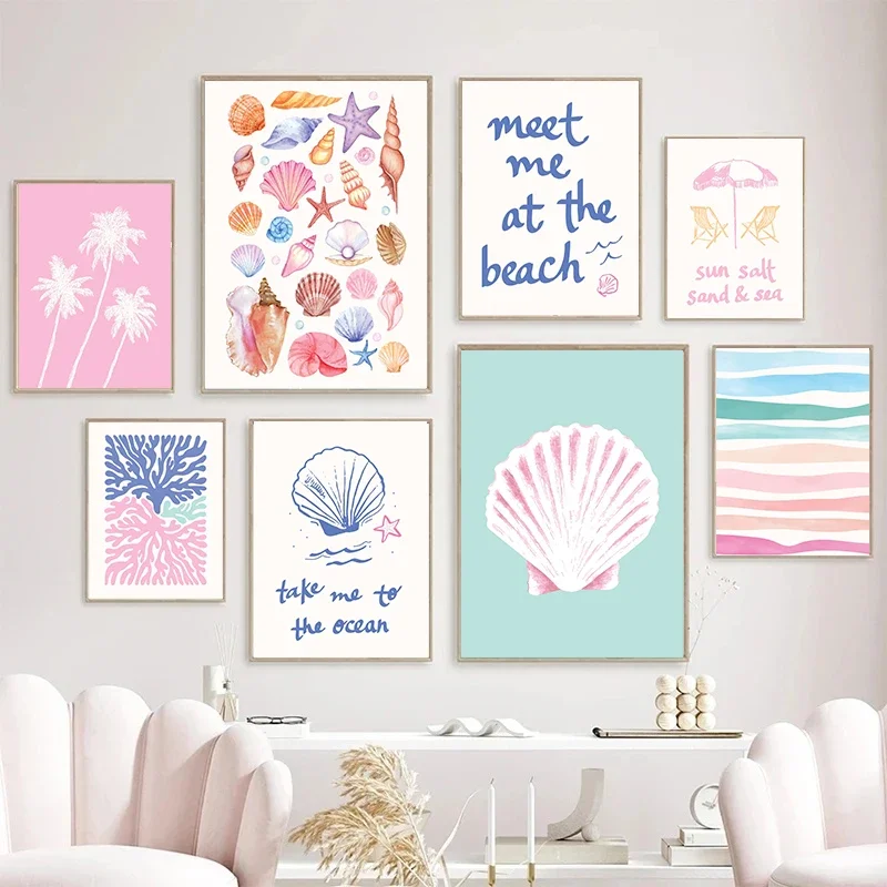 Coastal Gallery Wall Art Summer Sea Art Prints Posters Girly Trendy Beach Seashells Canvas Painting House Bedroom Decor Cuadros