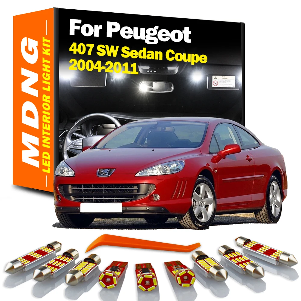 MDNG Canbus dla Peugeot 407 SW Sedan Coupe 2004-2007 2008 2009 2010 2011 Zestaw oświetlenia wewnętrznego LED Samochodowe lampki do czytania z osłoną przeciwsłoneczną