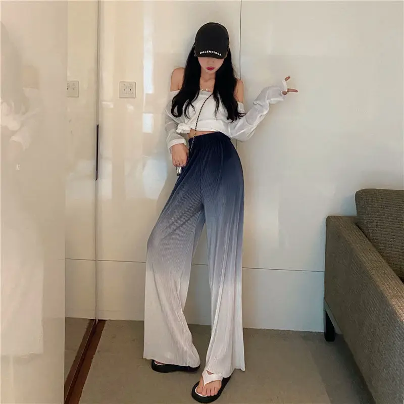 Vintage Gradient Color Wide Leg Pants Women Summer Thin Pleated Straight Trousers High Waist Elastic Streetwear Women Y2k Pants