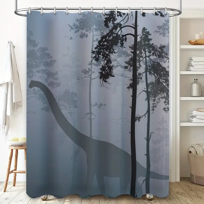 Forest Animal Printed Shower Curtain Waterproof Bath Decor Jurassic World Style Dinosaur Print Gray Blue Shower Cover for Home D
