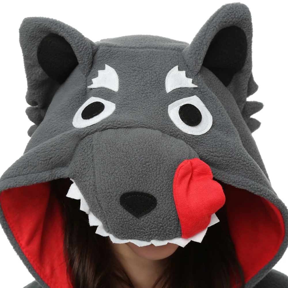 Grey Wolf Animal Kigurumi tuta adulto pigiama a maniche lunghe Halloween Festival Party Costume da notte flanella con cappuccio da donna