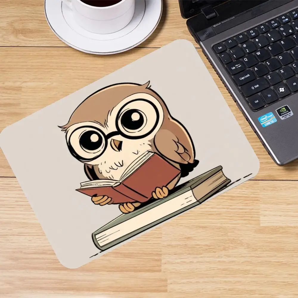 Watercolor Style Owl With Glasses Reading Book Stacked Books Illustration mousepad Non Slip Natural Rubber Mat