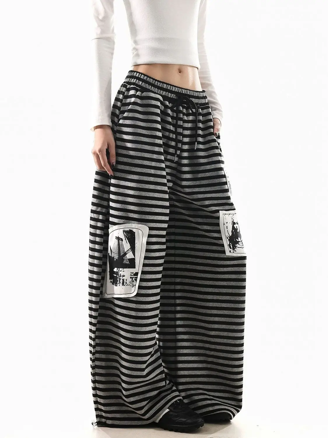 HOUZHOU Women Y2k Striped Drawstring Waist Baggy Pant Graphic Patchwork Wide Leg Sweatpants Casual Adjustable Cuff Loose Trouser