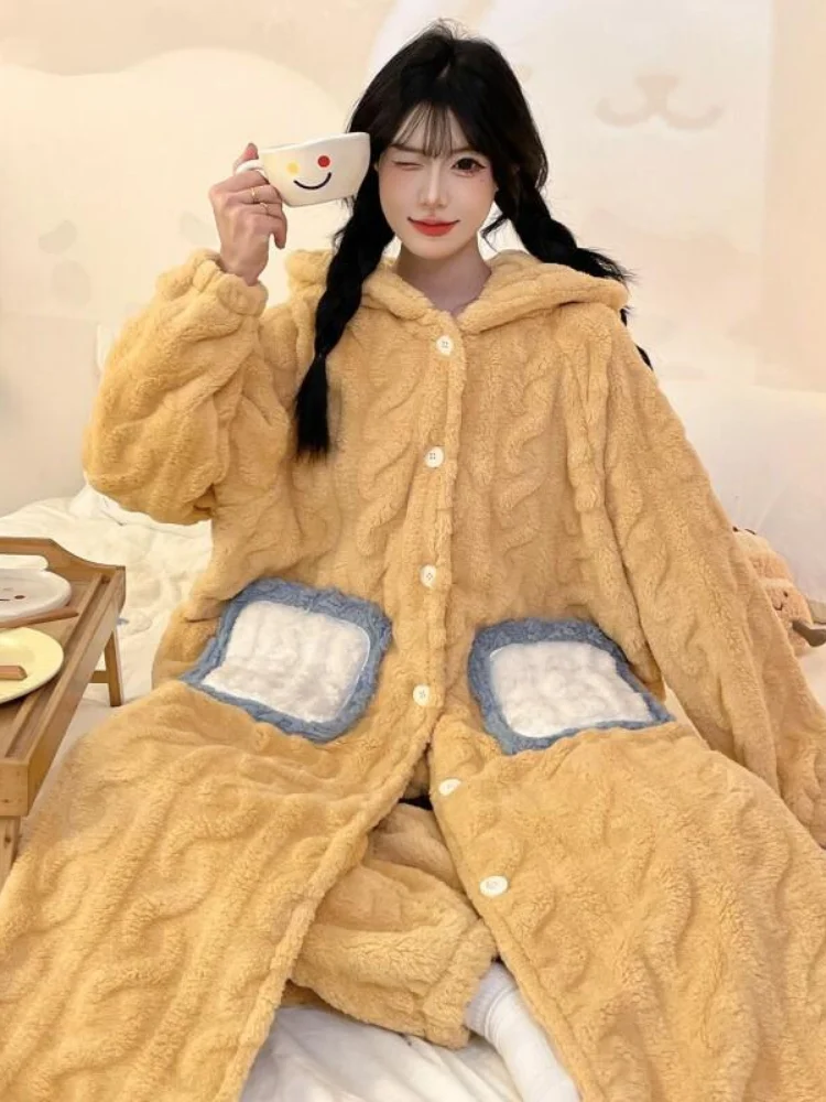 

Women's pajamas Comfortable Sleepwear Cotton Pajama Set winter autumn Fleece Thick Long Robe Loose Korean Wearable Home Suit