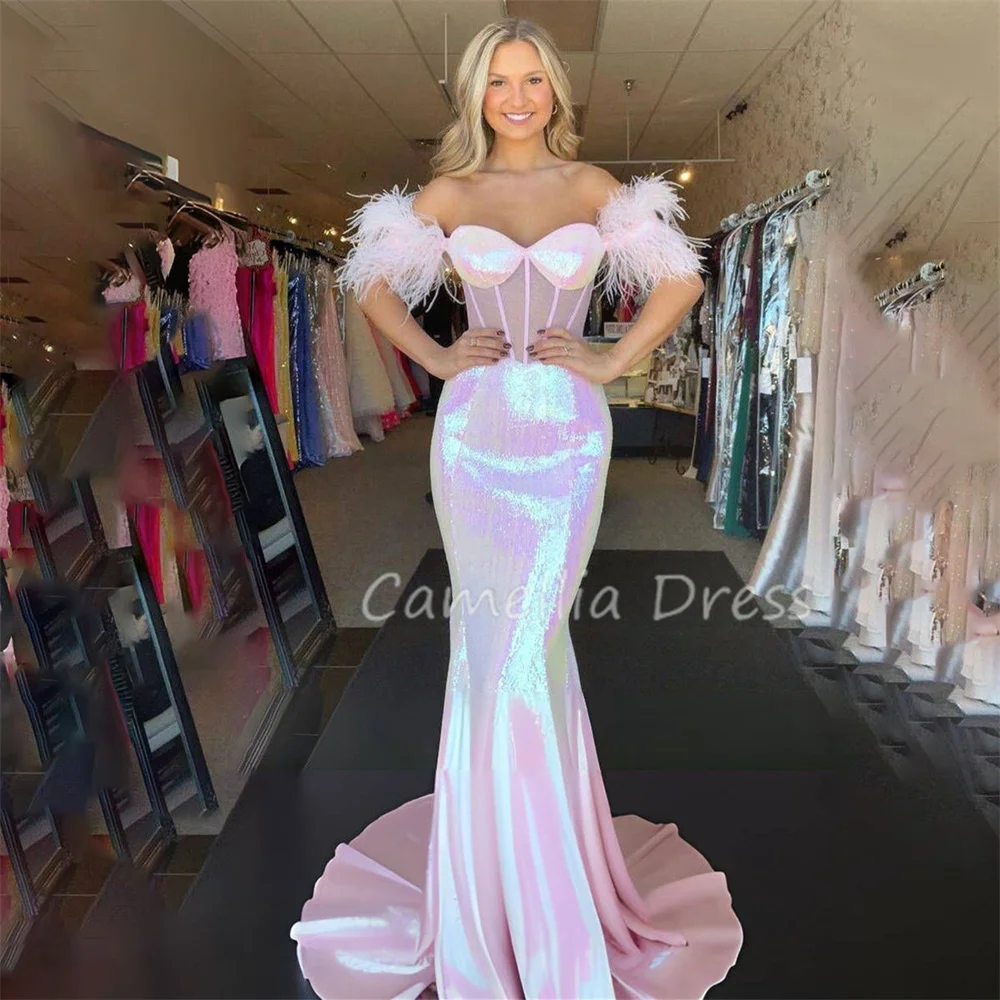 

Pink Mermaid Evening Dresses Off the Shoulder Feathered Party Dresses Sweetheart Formal Dresses Vestidos De Fiesta فساتين السهرة