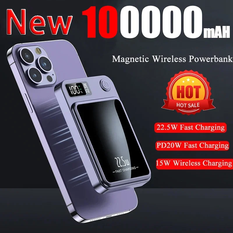 

100000mAh New Wireless Power Bank 22.5W Magnetic Qi Portable Powerbank Type C Fast Charger For iPhone15 14 13 Samsung MaCsafe